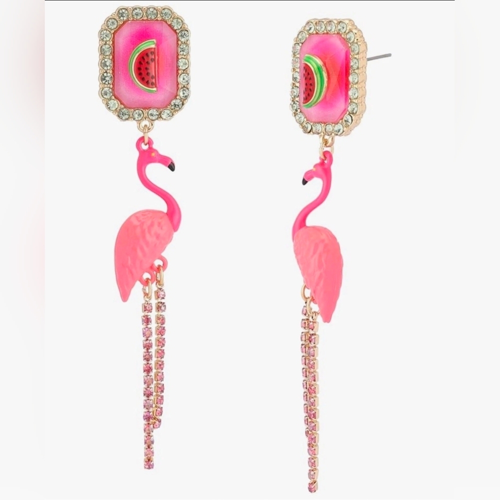 🦩▪️ Betsey Johnson▪️ Watermelon Backyard Flamingo Chandelier Earrings
